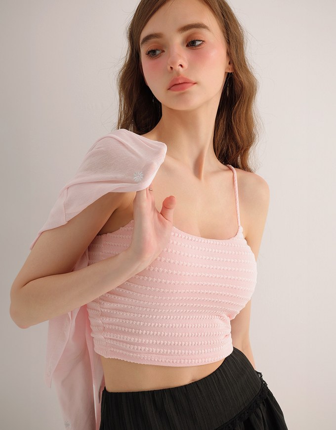 Stretchy Wavy Texture Ribbed Knit Spaghetti Strap Cropped Camisole Padded Top
