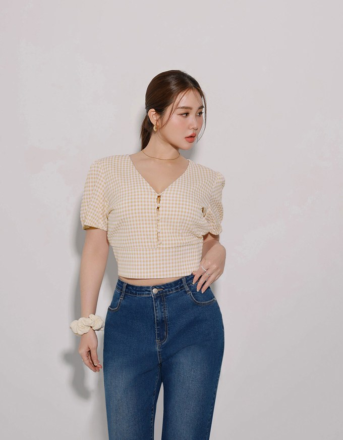 V Neck Gingham Crop Blouse with Puff Sleeves and Smocked Waistband