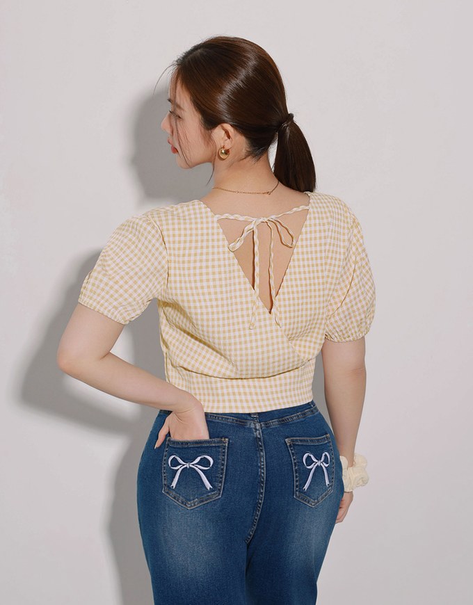 V Neck Gingham Crop Blouse with Puff Sleeves and Smocked Waistband