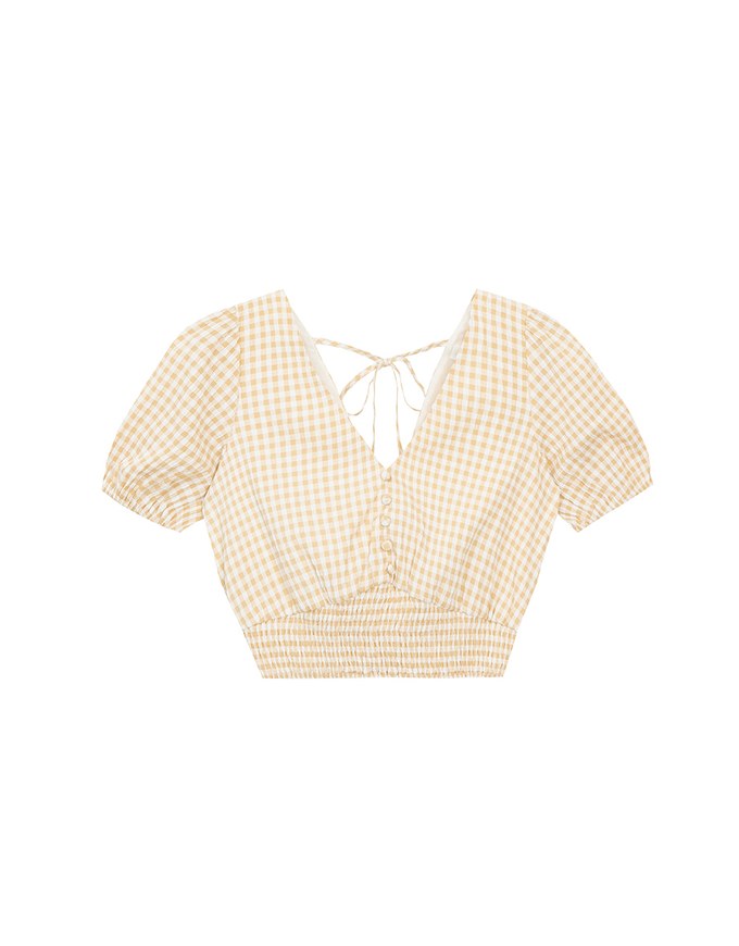 V Neck Gingham Crop Blouse with Puff Sleeves and Smocked Waistband