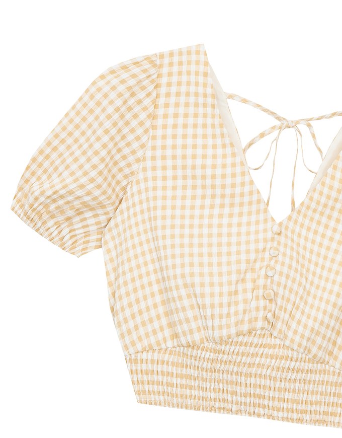 V Neck Gingham Crop Blouse with Puff Sleeves and Smocked Waistband