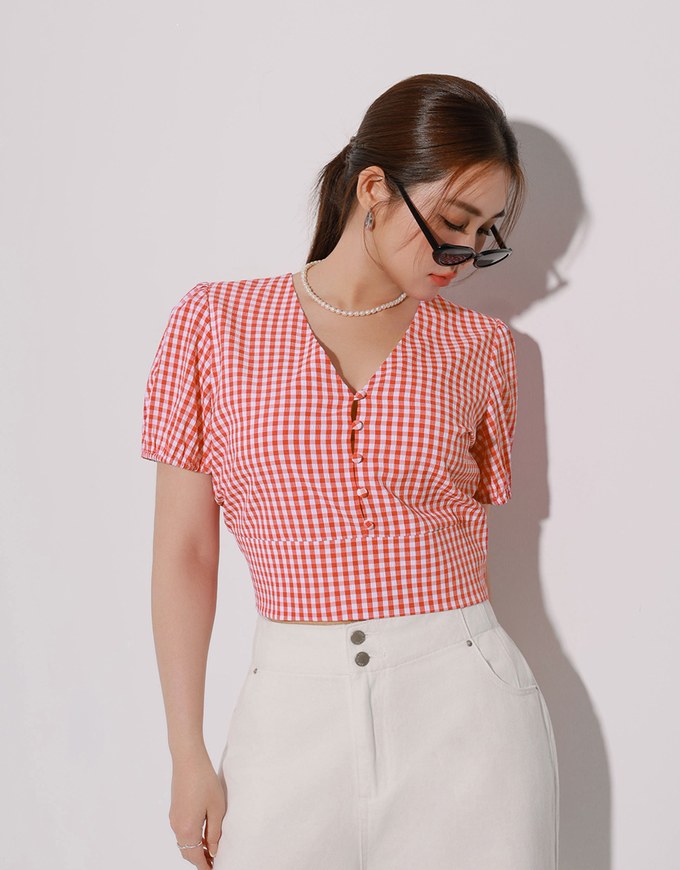 V Neck Gingham Crop Blouse with Puff Sleeves and Smocked Waistband