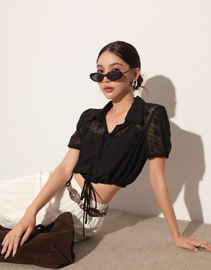 Dot Pattern Floral Lace Embroidered Puff Sleeve Cropped Shirt with Drawstring Hem