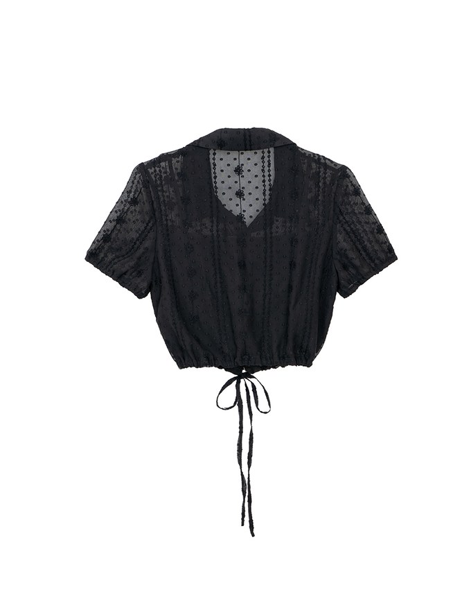 Dot Pattern Floral Lace Embroidered Puff Sleeve Cropped Shirt with Drawstring Hem