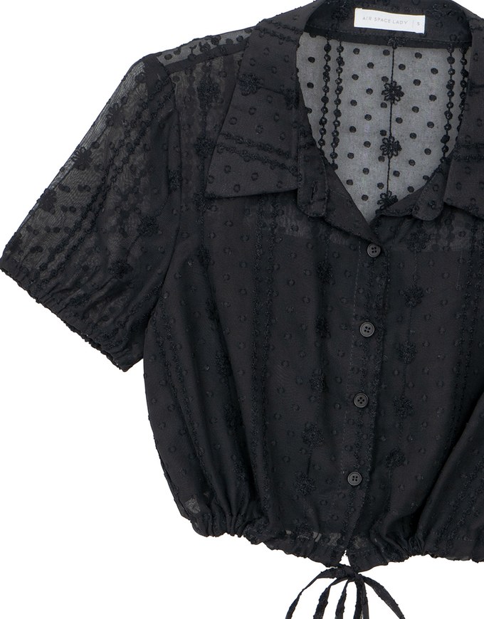 Dot Pattern Floral Lace Embroidered Puff Sleeve Cropped Shirt with Drawstring Hem