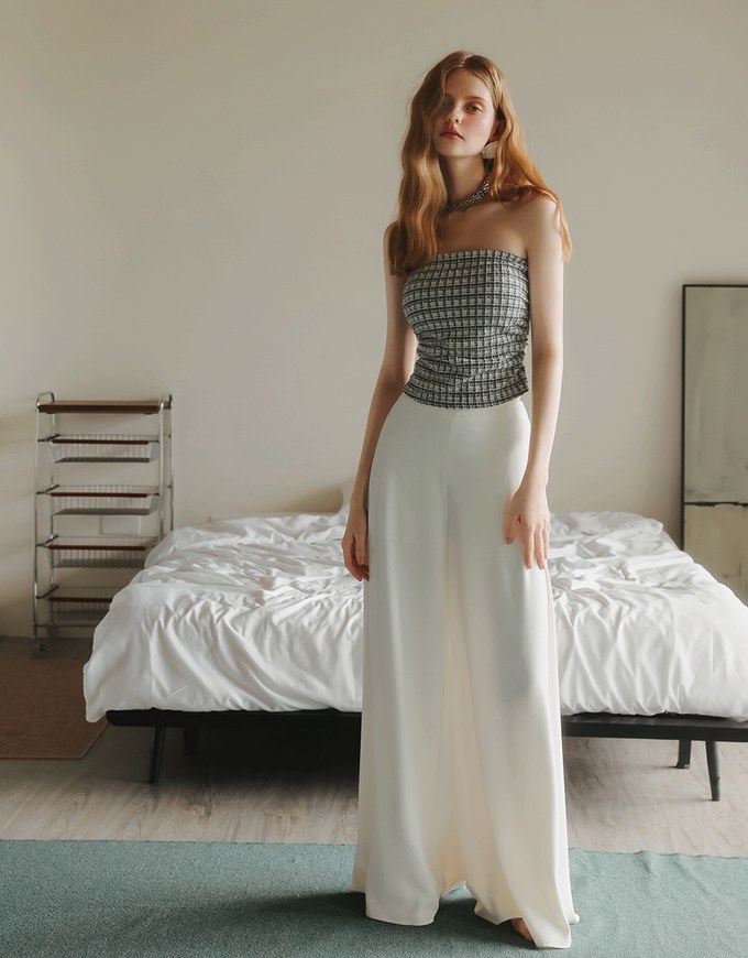 Elegant Tweed Check Textured Strapless Padded Cropped Tube Top