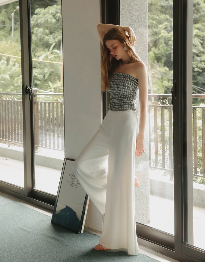 Elegant Tweed Check Textured Strapless Padded Cropped Tube Top