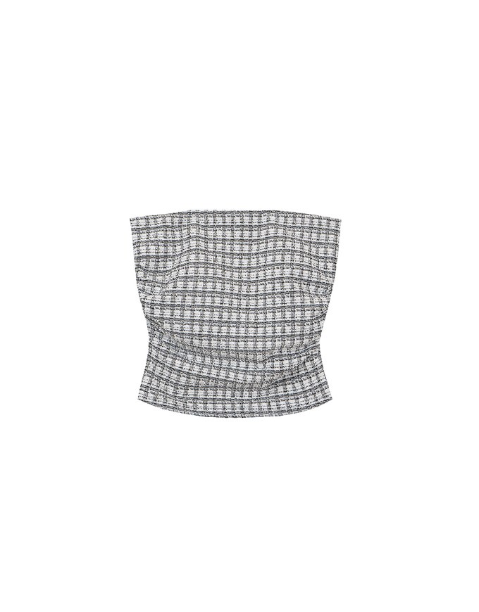 Elegant Tweed Check Textured Strapless Padded Cropped Tube Top