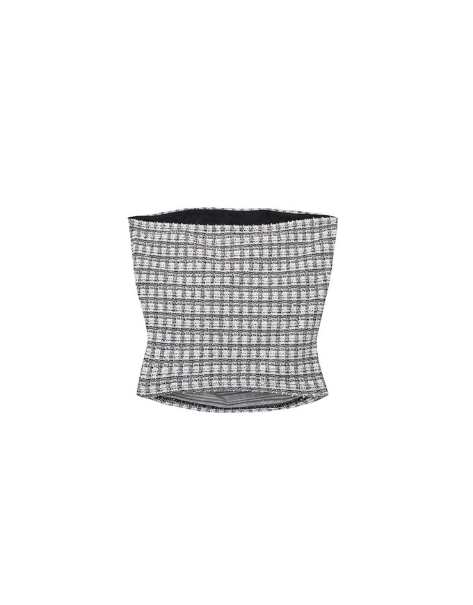 Elegant Tweed Check Textured Strapless Padded Cropped Tube Top