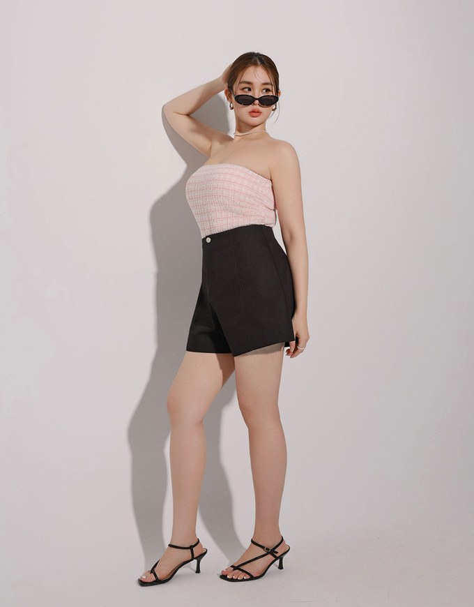 Elegant Tweed Check Textured Strapless Padded Cropped Tube Top