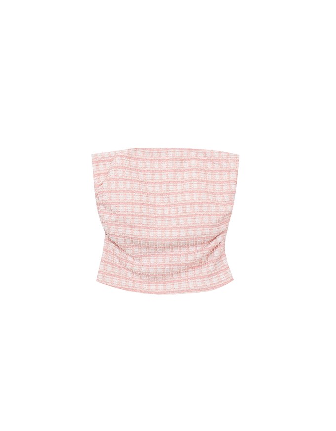 Elegant Tweed Check Textured Strapless Padded Cropped Tube Top