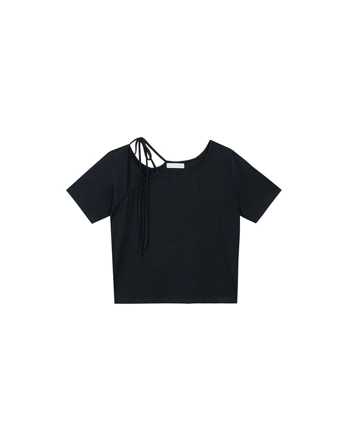 2WAY不對稱領口綁帶羅紋短TEE