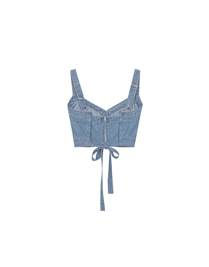 Jeans Denim Crop Vest  Top with Adjustable Straps and Back Tie Detail
