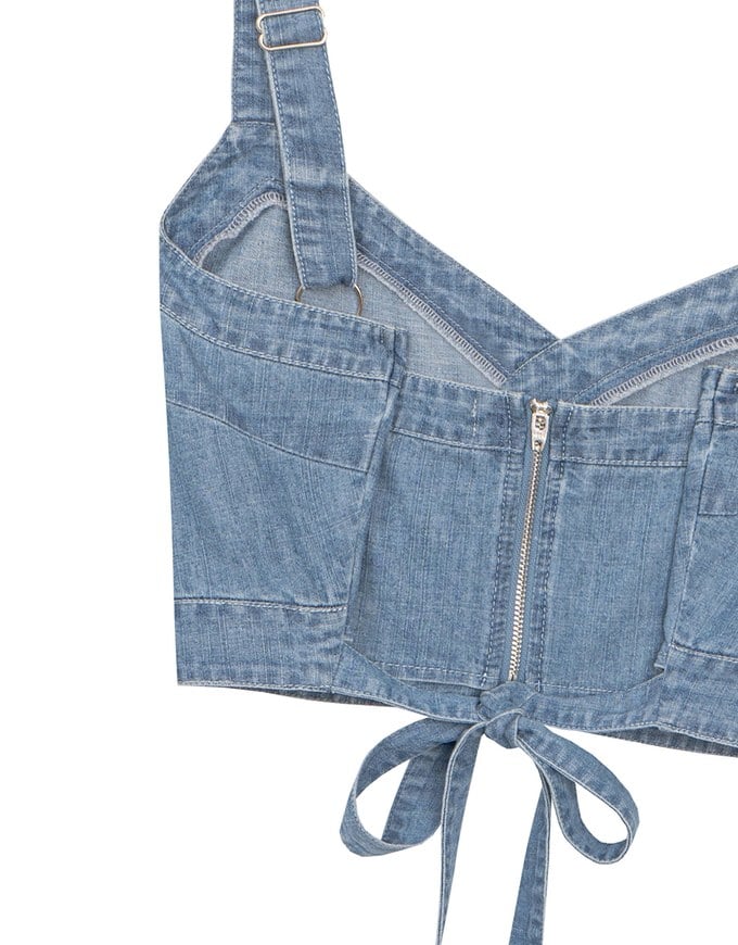 Jeans Denim Crop Vest  Top with Adjustable Straps and Back Tie Detail
