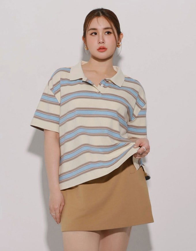 Oversized Polo Knit Top with Retro Stripes– Cream
