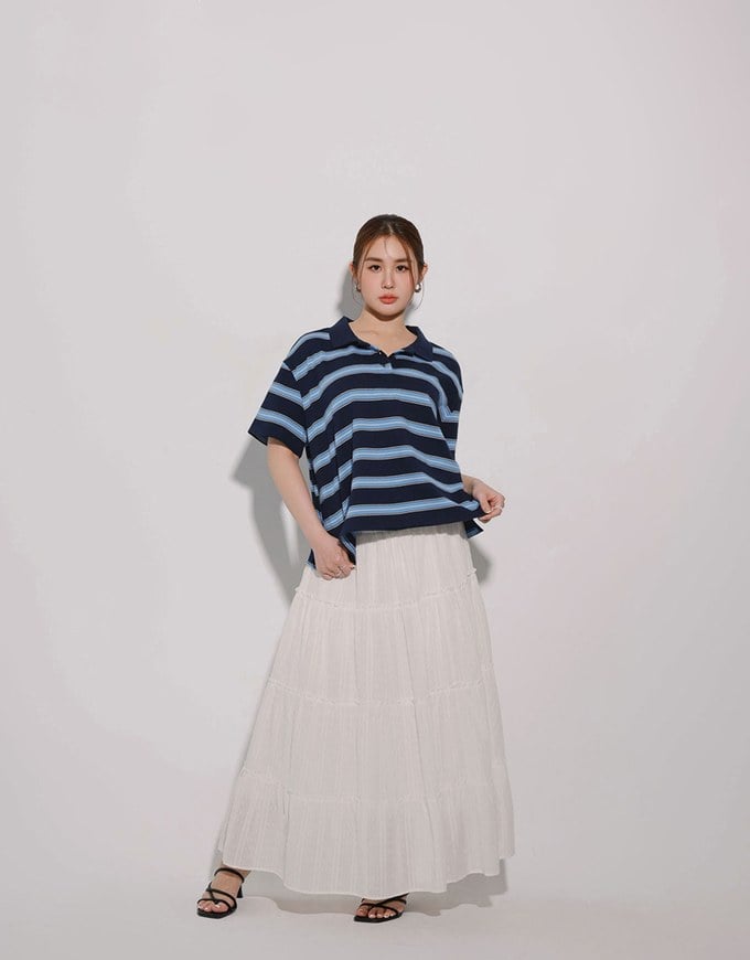 Oversized Polo Knit Top with Retro Stripes– Navy