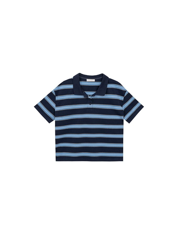 Oversized Polo Knit Top with Retro Stripes– Navy