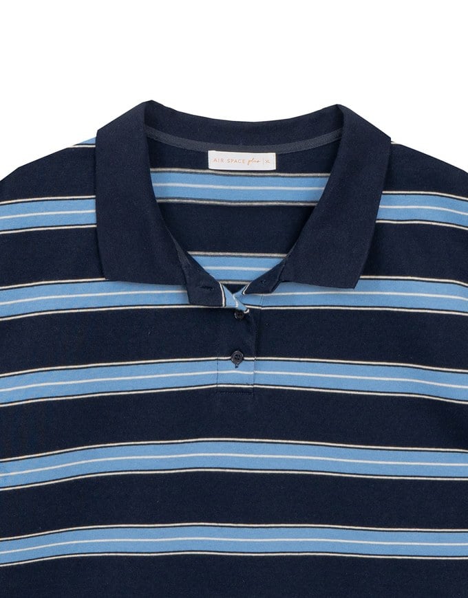 Oversized Polo Knit Top with Retro Stripes– Navy