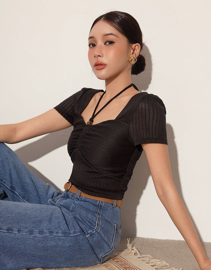 Textured Ruched Front Puff Sleeve Crop Top with Beaded Tie Straps