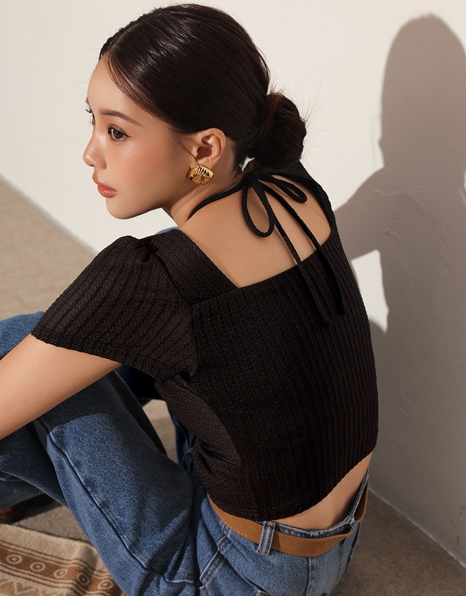 Textured Ruched Front Puff Sleeve Crop Top with Beaded Tie Straps