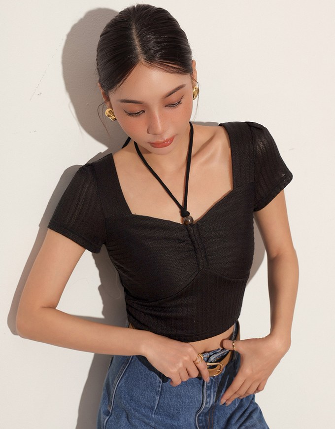 Textured Ruched Front Puff Sleeve Crop Top with Beaded Tie Straps