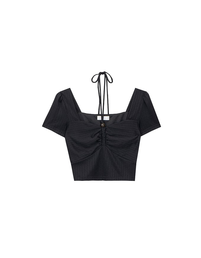 Textured Ruched Front Puff Sleeve Crop Top with Beaded Tie Straps
