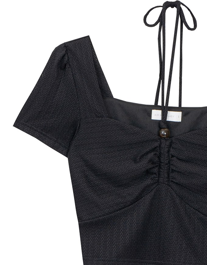 Textured Ruched Front Puff Sleeve Crop Top with Beaded Tie Straps