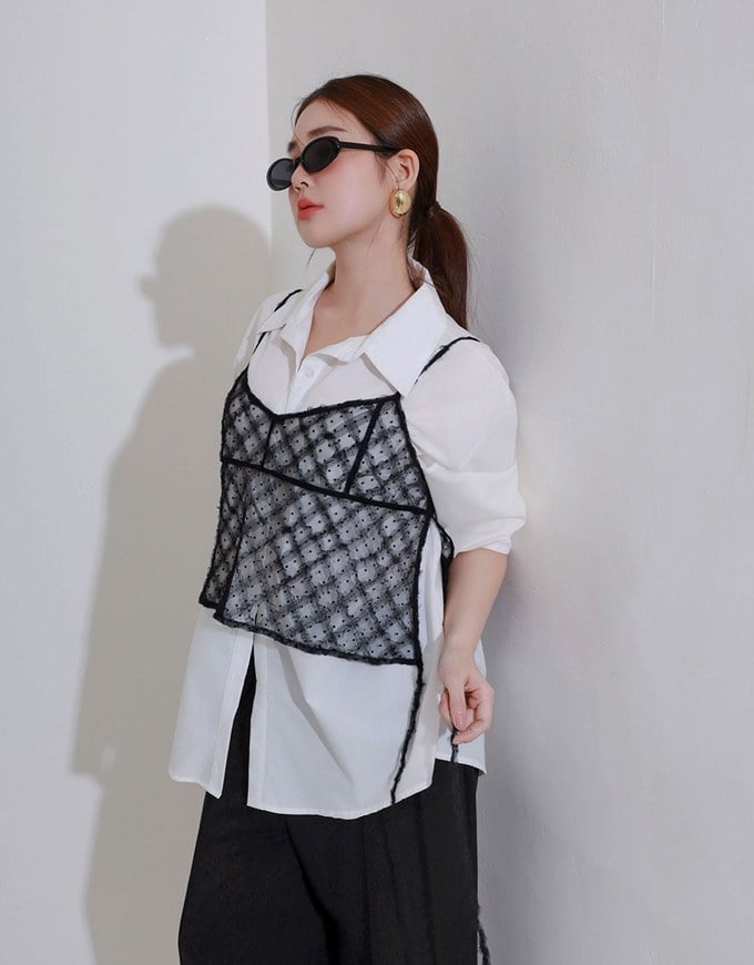 Sheer Polka Dot Cami with Drawstring Sides