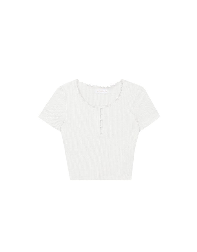 Lettuce Hem Textured Knit Cropped Top with Pearl Button Detail