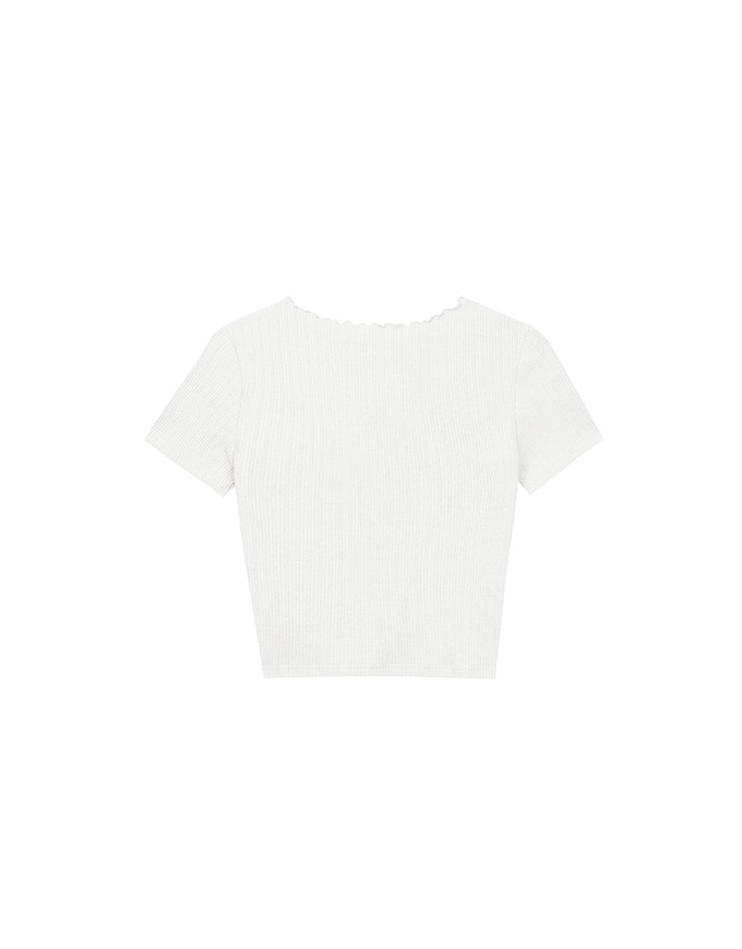 Lettuce Hem Textured Knit Cropped Top with Pearl Button Detail