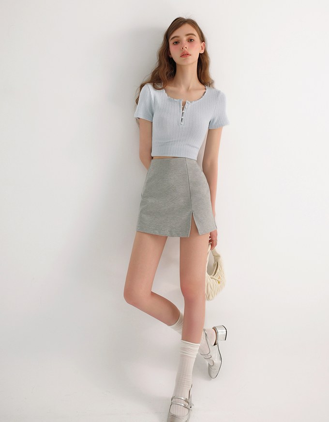 Lettuce Hem Textured Knit Cropped Top with Pearl Button Detail