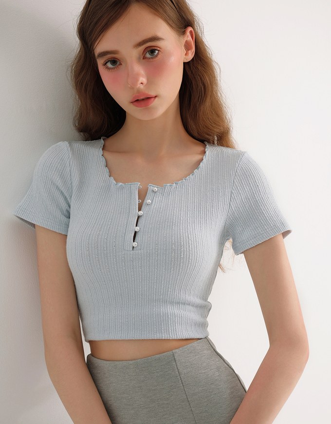 Lettuce Hem Textured Knit Cropped Top with Pearl Button Detail