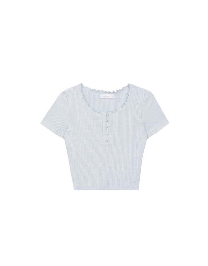 Lettuce Hem Textured Knit Cropped Top with Pearl Button Detail