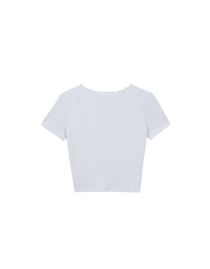Lettuce Hem Textured Knit Cropped Top with Pearl Button Detail