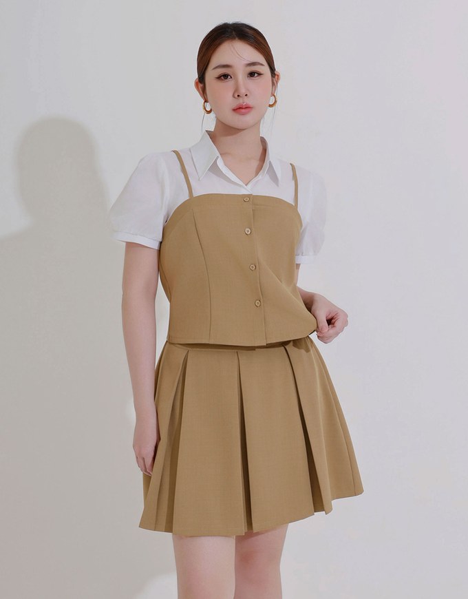 Faux 2 Piece Puff Sleeve Shirt with Buttoned Camisole Overlay