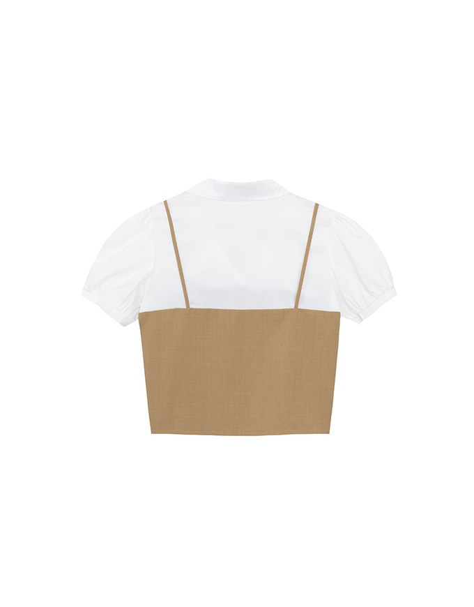 Faux 2 Piece Puff Sleeve Shirt with Buttoned Camisole Overlay