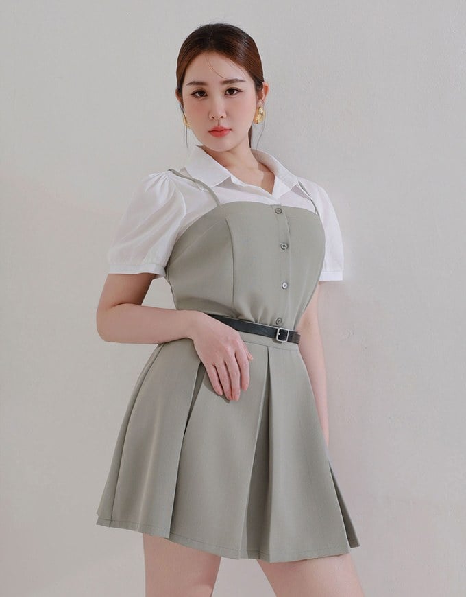 Faux 2 Piece Puff Sleeve Shirt with Buttoned Camisole Overlay