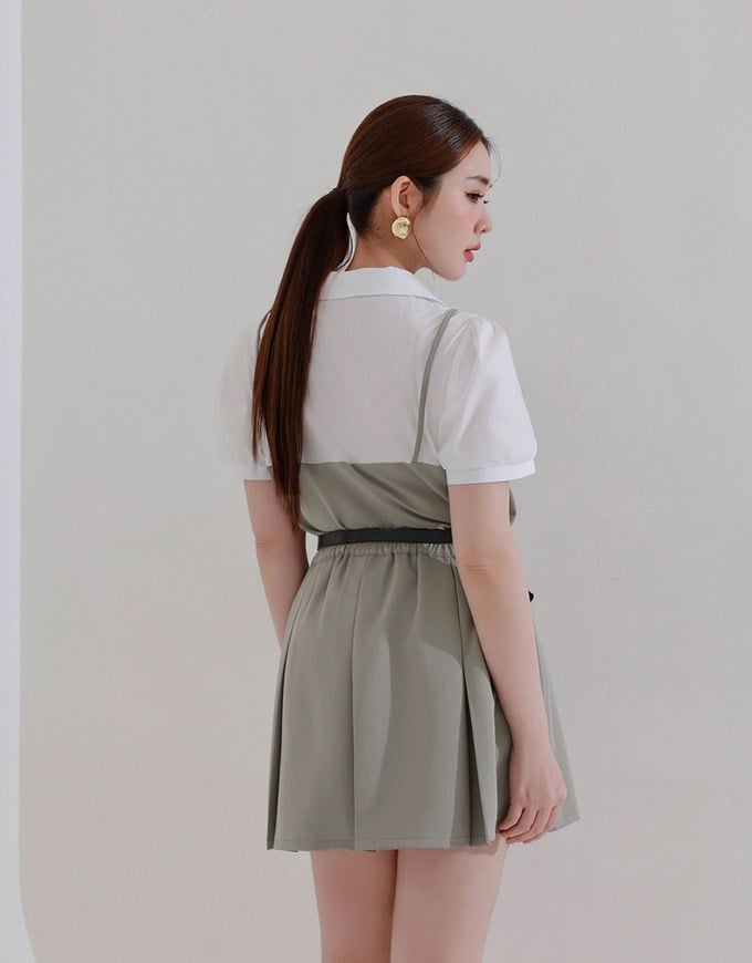 Faux 2 Piece Puff Sleeve Shirt with Buttoned Camisole Overlay