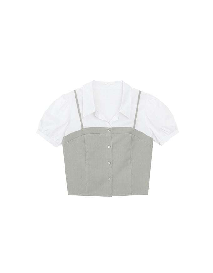 Faux 2 Piece Puff Sleeve Shirt with Buttoned Camisole Overlay