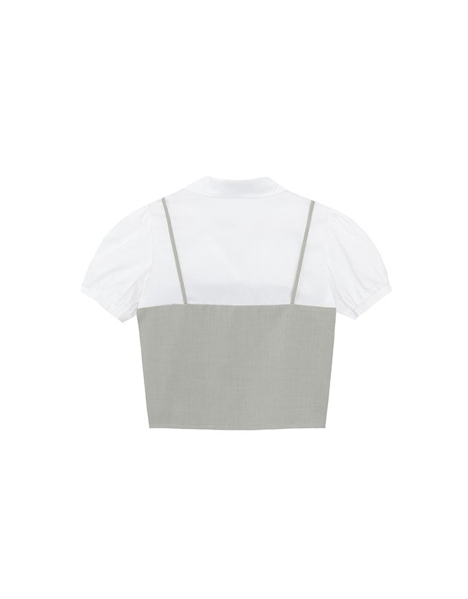 Faux 2 Piece Puff Sleeve Shirt with Buttoned Camisole Overlay