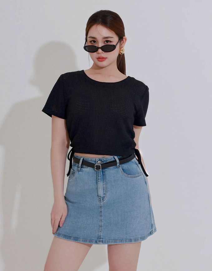 Waffle Knit Side Drawstring Short Sleeve Top