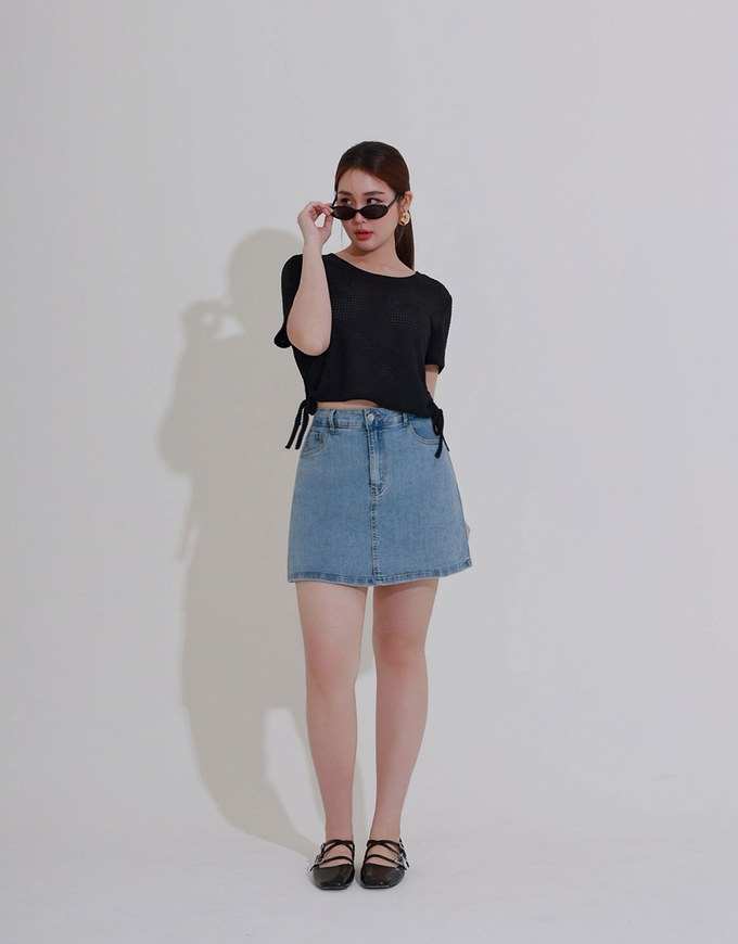 Waffle Knit Side Drawstring Short Sleeve Top