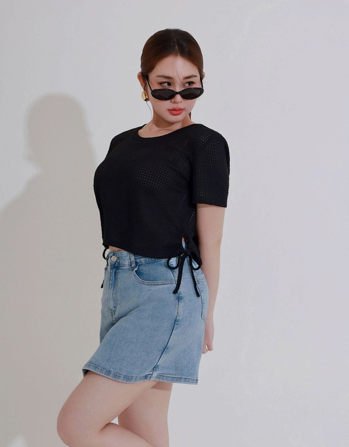 Waffle Knit Side Drawstring Short Sleeve Top