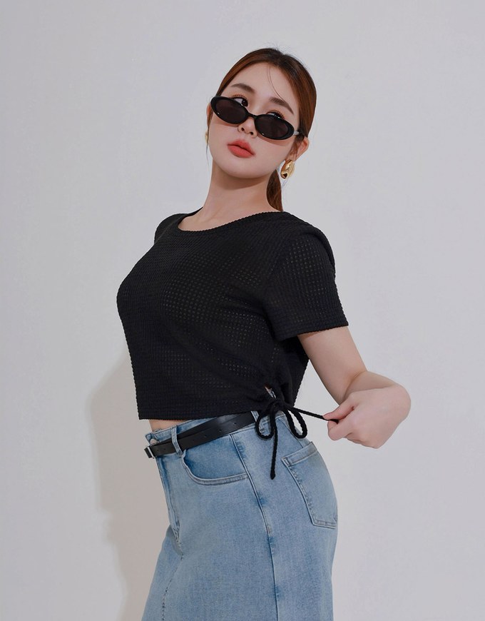 Waffle Knit Side Drawstring Short Sleeve Top