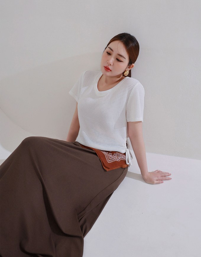 Waffle Knit Side Drawstring Short Sleeve Top