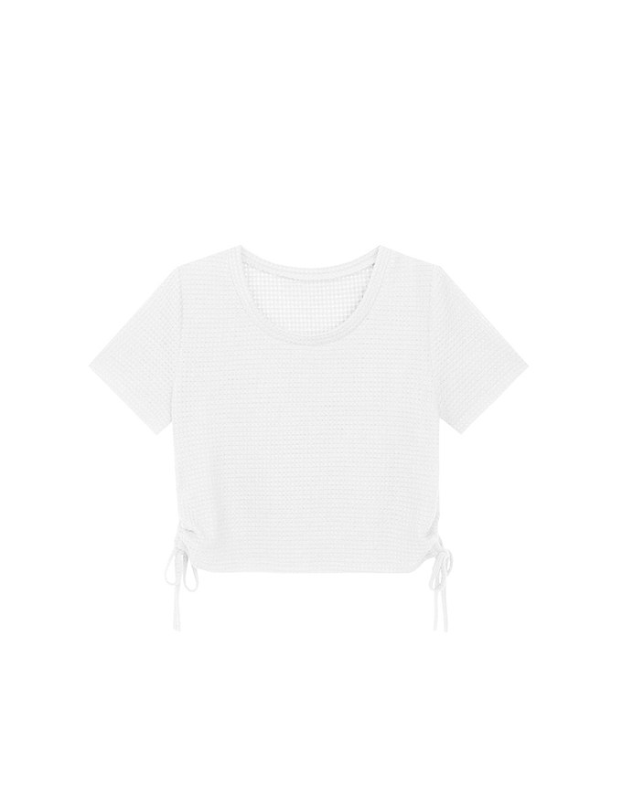 Waffle Knit Side Drawstring Short Sleeve Top