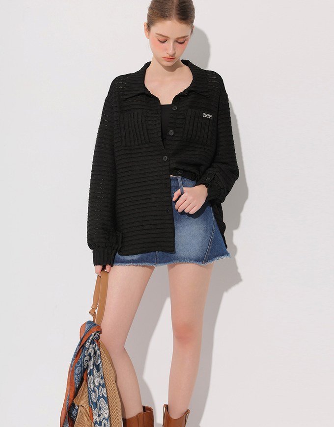 Wavy Textured Oversized Sheer Shirt with AIR SPACE Logo Embroidered