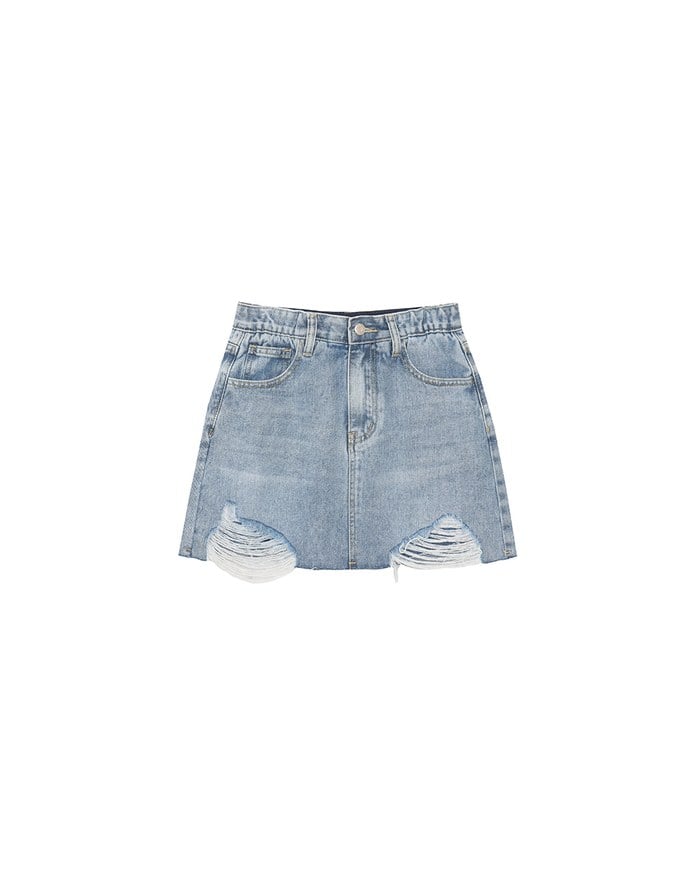 High Waist Distressed Jeans Denim Mini Skirt with Raw Hem