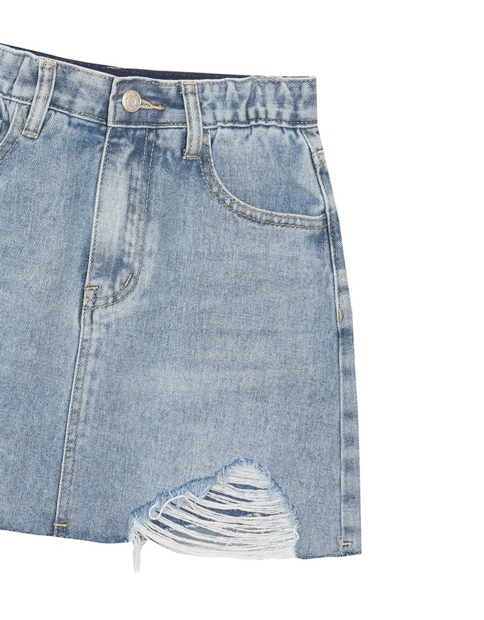 High Waist Distressed Jeans Denim Mini Skirt with Raw Hem