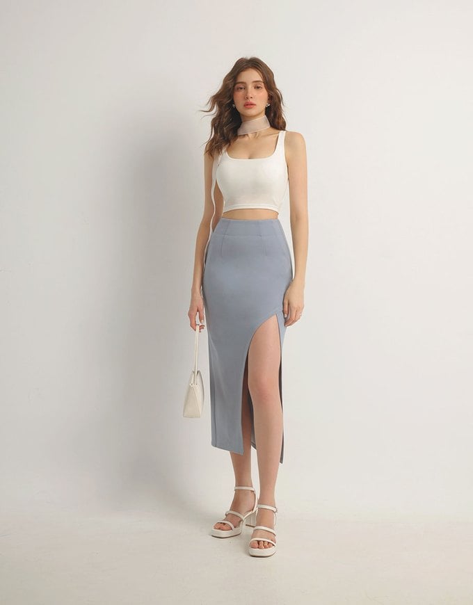 AIRY HOURGLASS Cooling Front Asymmetric Slit Maxi Skirt with Back Pockets